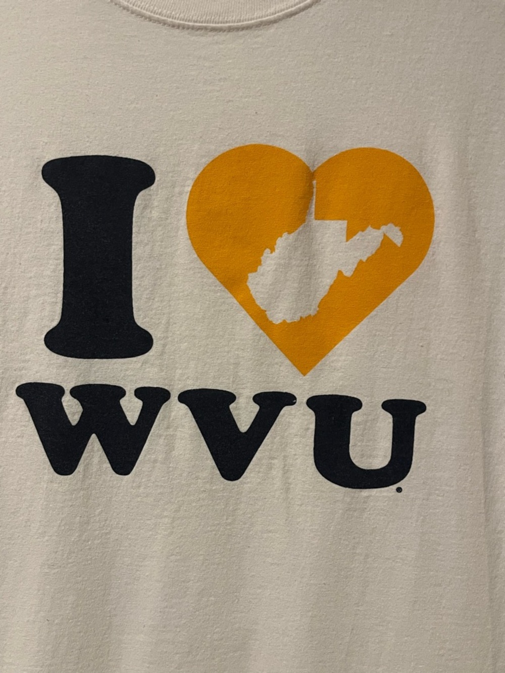 Champion Women’s “I ❤️ WVU” White Tee with Navy WVU Text and Gold Heart, Size M - Picture 2 of 5
